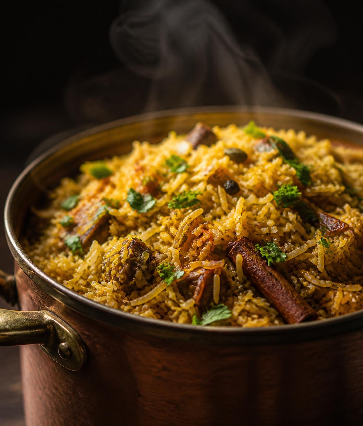 Steaming pilau in a copper pot